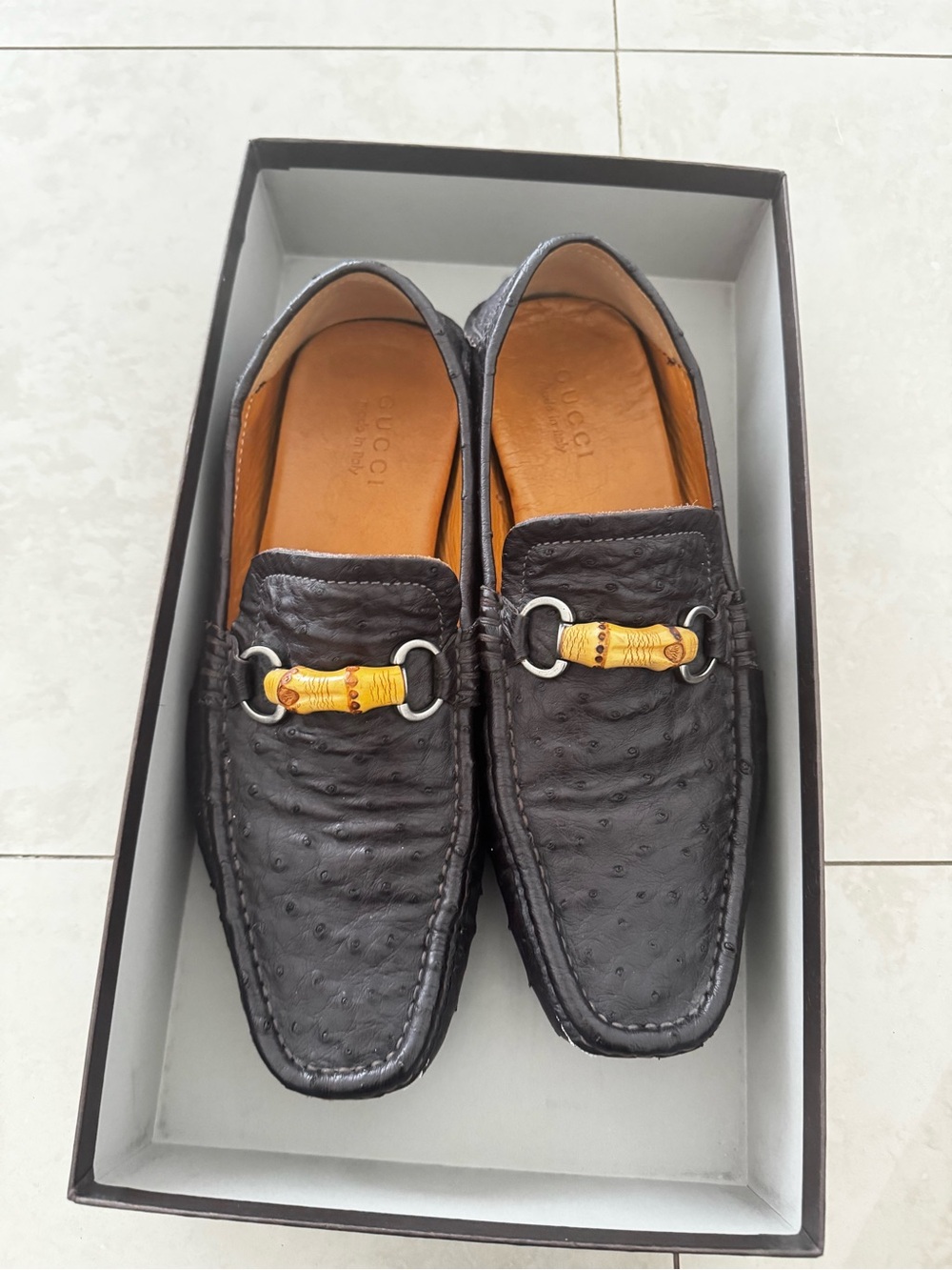 Gucci Black Ostrich-Style Leather Loafers with Bamboo Bit
